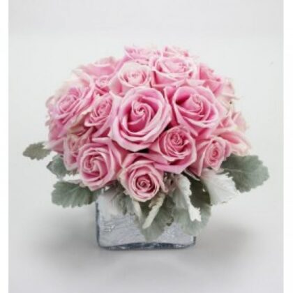 Compact Delicate Pink Roses in Glass Bowl
