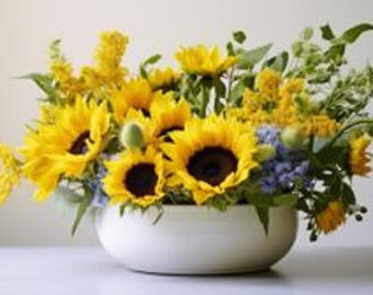A beautiful colourful bouquet featuring a bright and cheerful array of beautiful fresh Sunflowers and Acacia Pycnantha with blue delphiniums and poppies in bud presented in a white ceramic vase