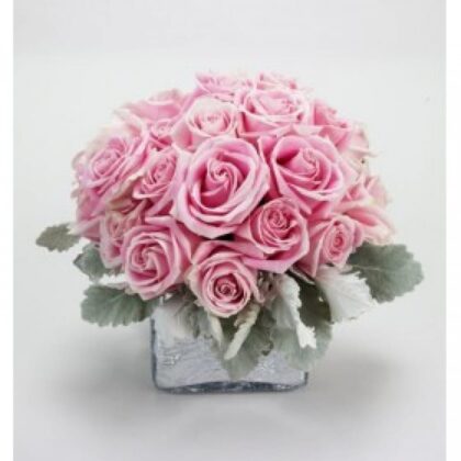 Compact Delicate Pink Roses in Glass Bowl